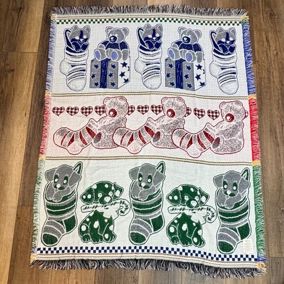 American Weavers Throw Blanket Tapestry Puppy Teddy Stockings USA Holiday VTG - Picture 3 of 7